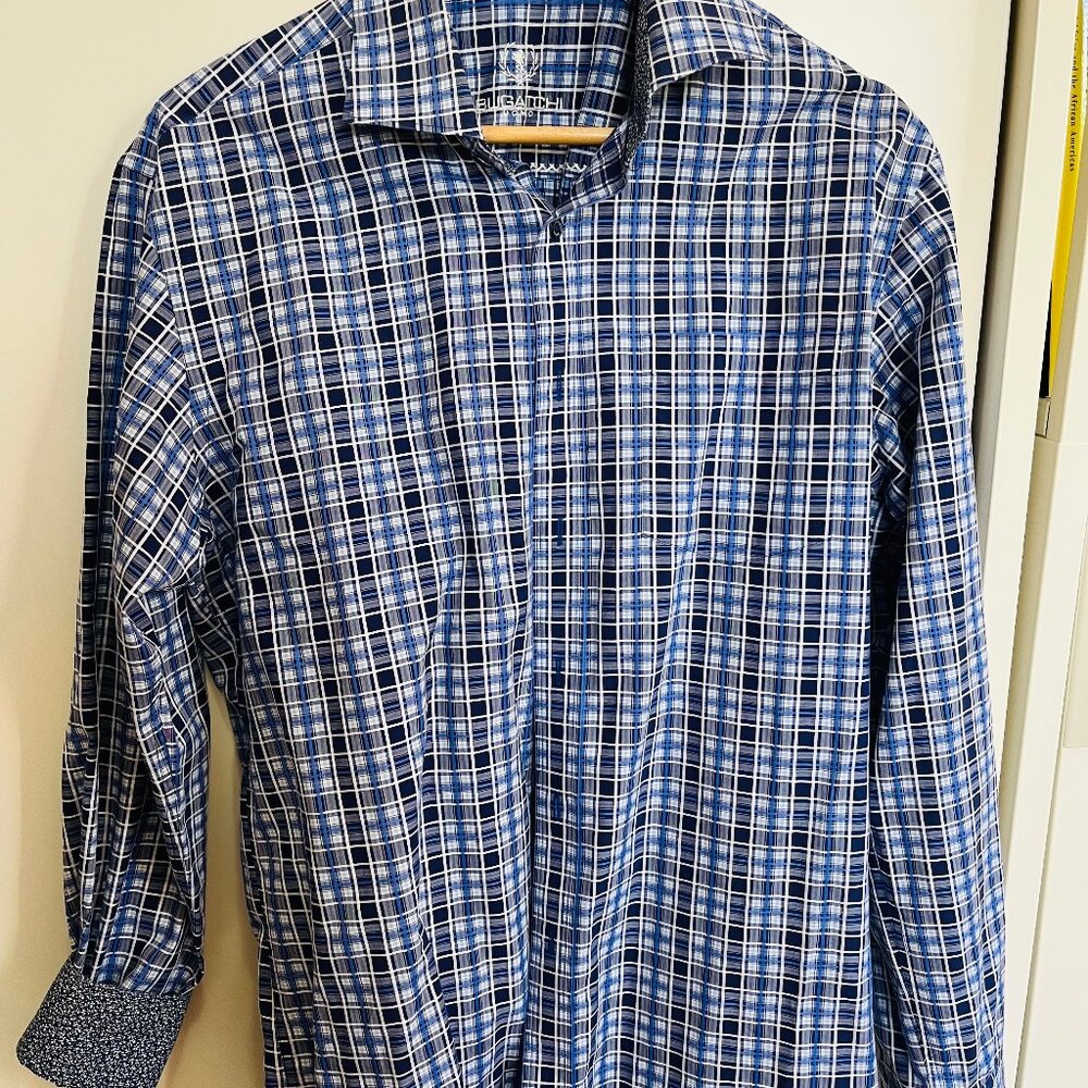 Bugatchi Uomo Mens Blue/Violet Plaid Shaped Fit, Long Sleeve Shirt, Medium